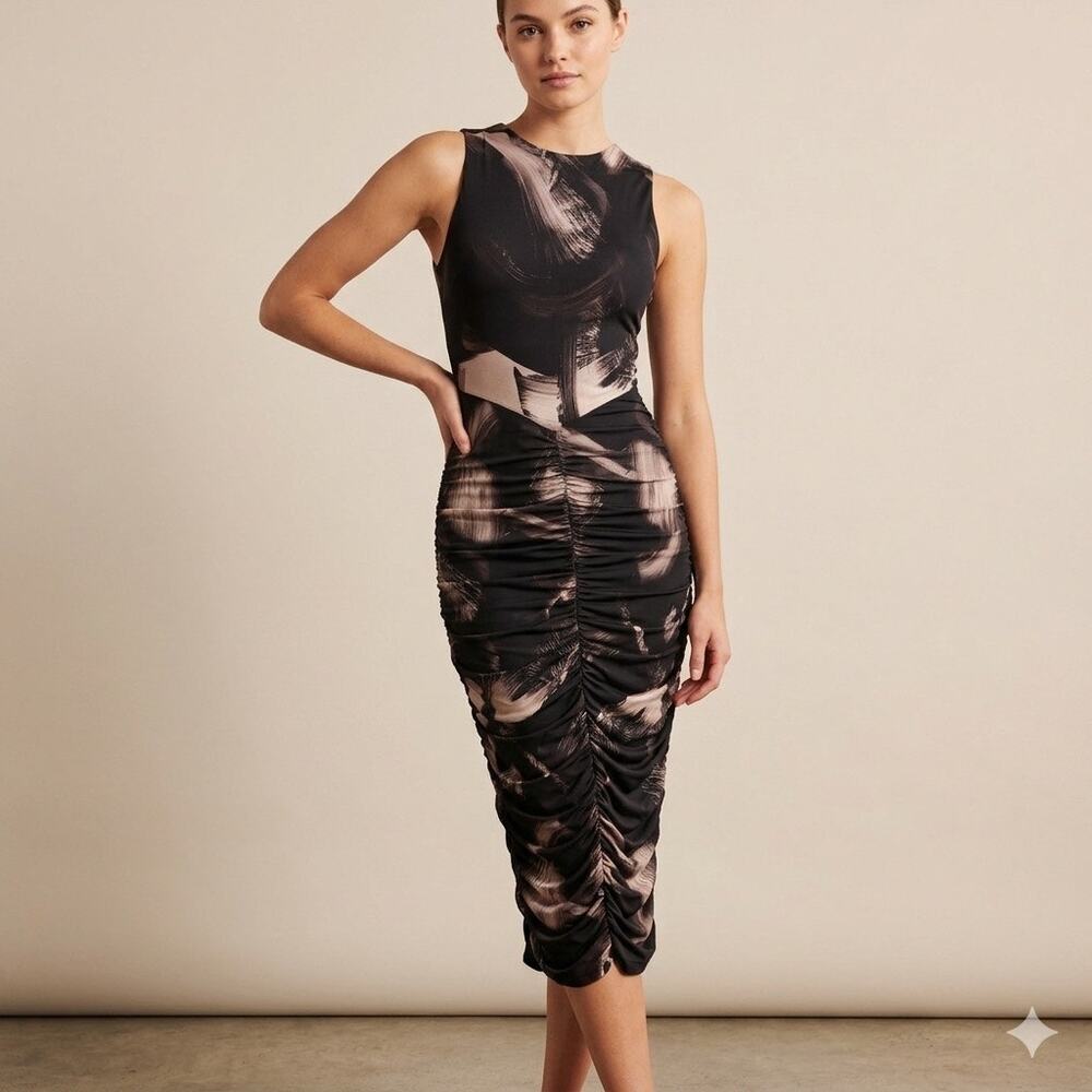 Club L London Ruched Bodycon Midi Dress 4/UK 8 Abstract Sleeveless Cocktail